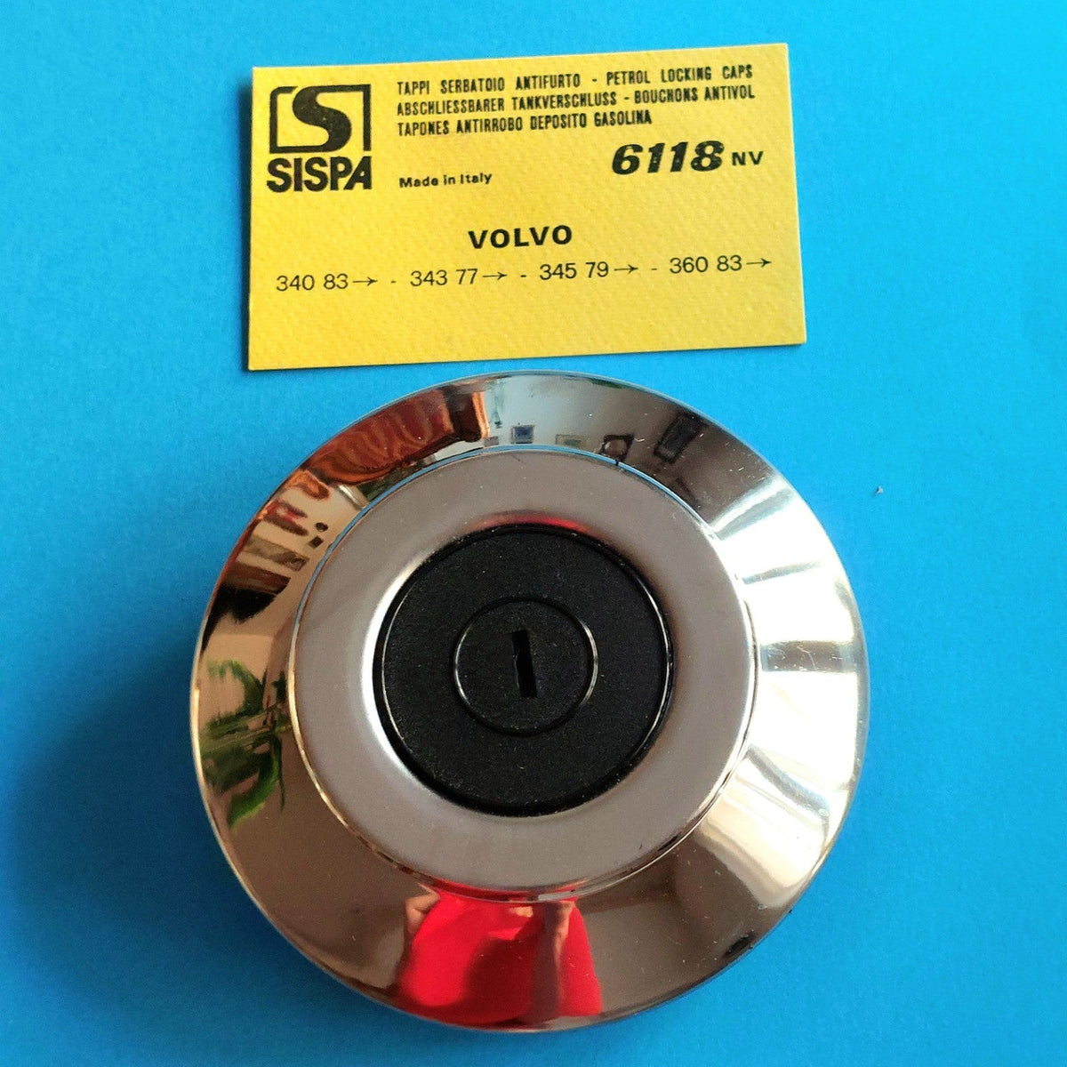 Tappo serbatoio cromato SISPA 6118 NV con etichetta applicazioni Volvo 340 343 345 e 360