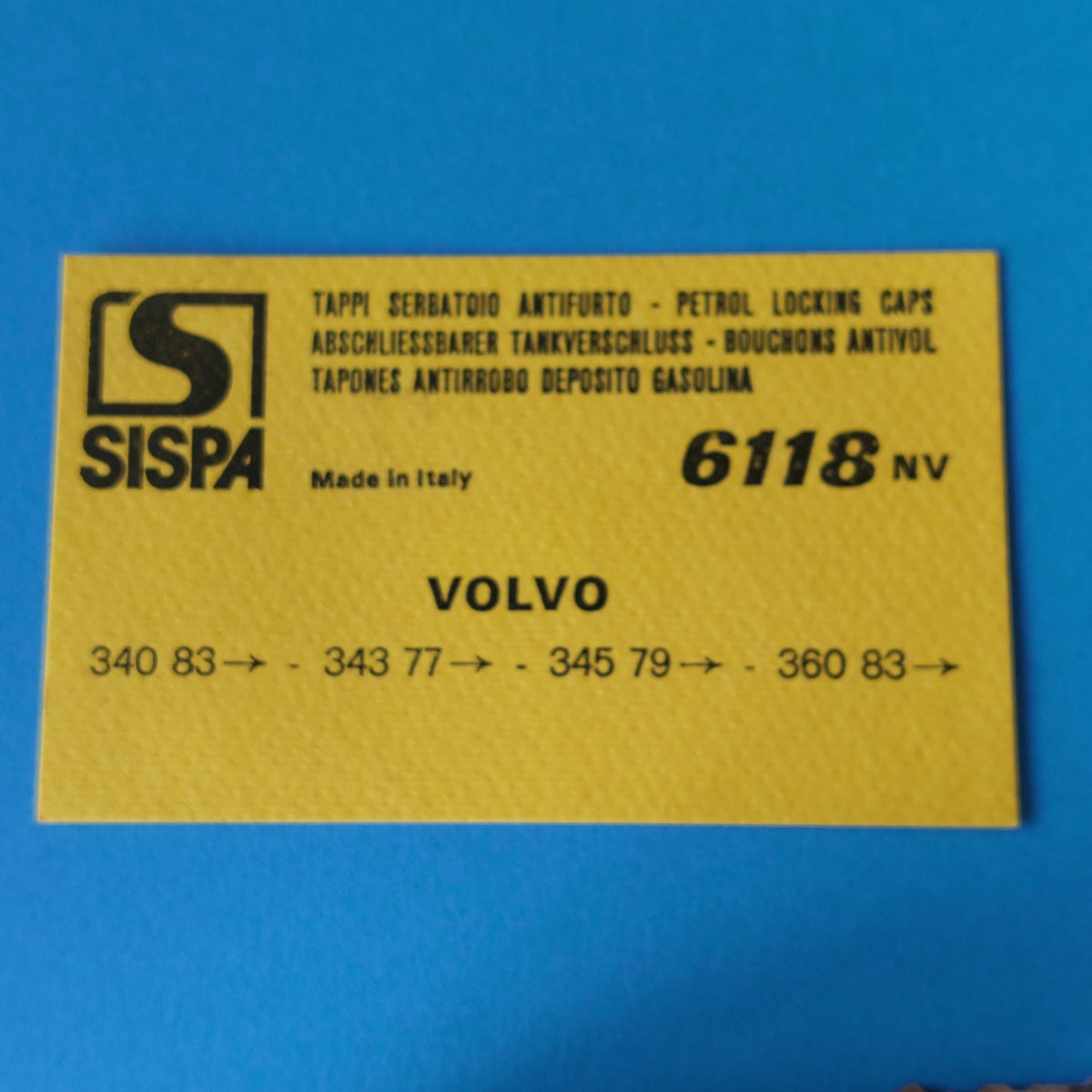 Etichetta SISPA 6118 NV con applicazioni Volvo 340 dal 1983, 343 dal 1977, 345 dal 1979 e 360 dal 1983
