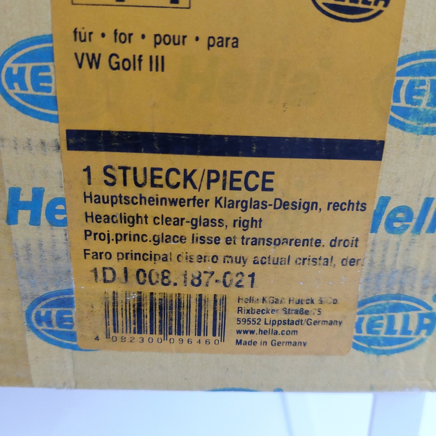 1DJ008187-021 Faro anteriore destro Hella Klarglas VW Golf III NOS