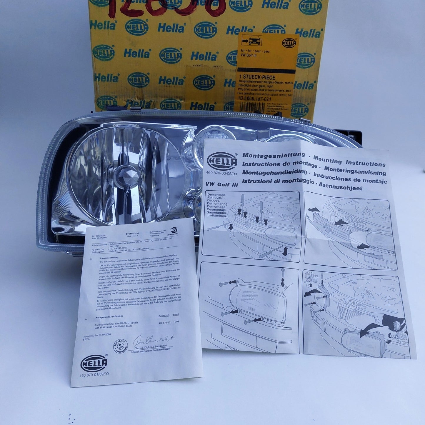 1DJ008187-021 Faro anteriore destro Hella Klarglas VW Golf III NOS